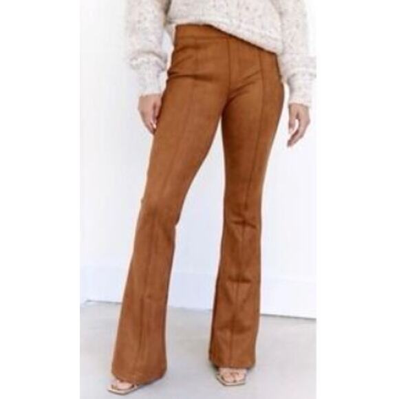 SPANX Pants - Spanx Faux Suede Pants High Waist Flare Pull On Caramel Large Seamed NEW